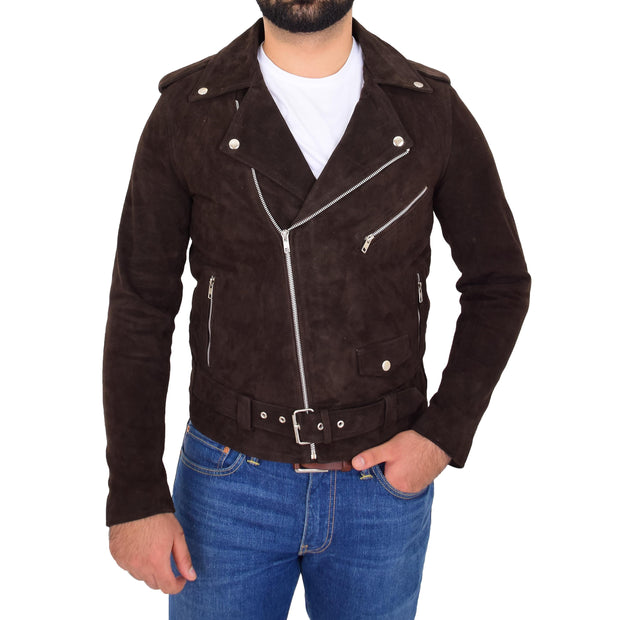 Genuine Suede Leather Biker Jacket For Mens Fitted Brando Coat Jay Brown Front 2