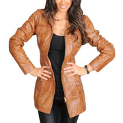 Womens 3/4 Long Zip Fasten Leather Jacket Carol Tan Open