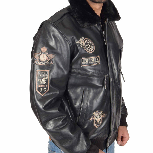 Mens Pilot Leather Jacket Air Force Badges Bomber Coat Luca Black Feature 1
