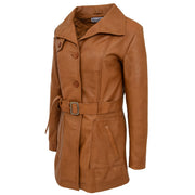 Womens Real Leather Mid Length Trench Parka Coat Alba Tan Side Angle 1