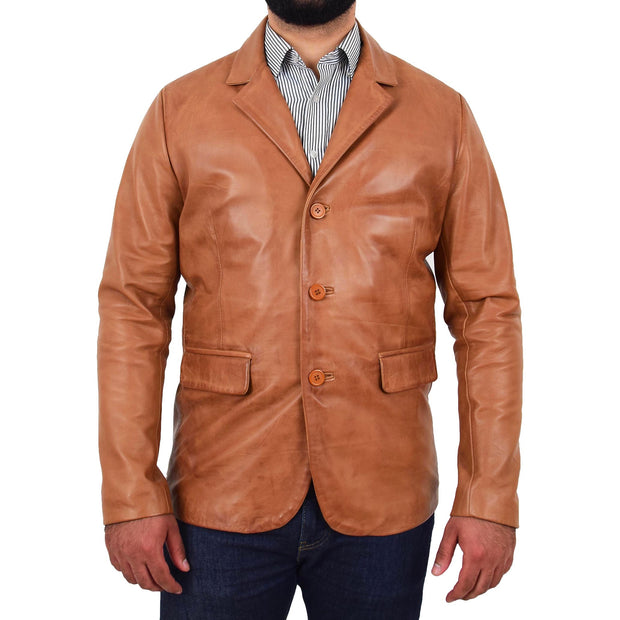 Mens Leather Blazer Real Lambskin Jacket Dinner Suit Style Coat Dean Cognac Front 1
