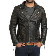 Mens Real Leather Biker Jacket Vintage Black Rub Off Slim Fit Coat Max Front 1