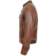 Mens Leather Biker Jacket Vintage Band Collar Fitted CALVIN Antique Brown 6