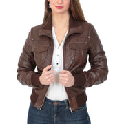 Womens Slim Fit Bomber Leather Jacket Cameron Brown Open