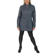 Womens Duffle Leather Coat Detachable Hood 3/4 Long Parka Jacket Mila Sky Blue Full