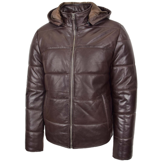 Mens Real Leather Puffer Jacket Fully Padded With Hood DRACO Brown 3
