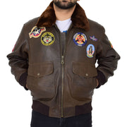 Mens Brown Bomber Leather Pilot Jacket Badges Sheepskin Collar Hawk Front Zip Up