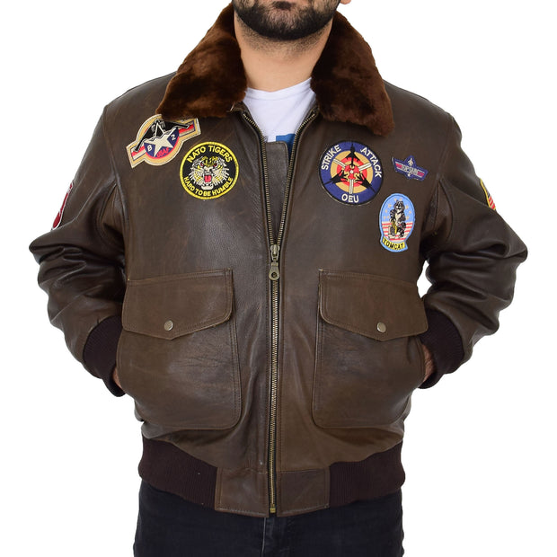 Mens Brown Bomber Leather Pilot Jacket Badges Sheepskin Collar Hawk Front Zip Up