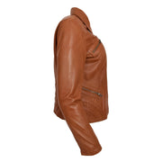 Ladies Soft Leather Jacket Fitted Collared Zip Fasten Biker Style Leah Tan Side