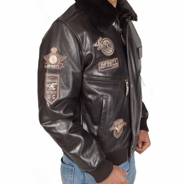 Mens Pilot Leather Jacket Air Force Badges Bomber Coat Luca Brown Feature 1
