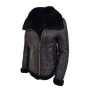 Super Luxurious Womens Real Sheepskin Jacket Aviator Coat Alexa Black Front 3