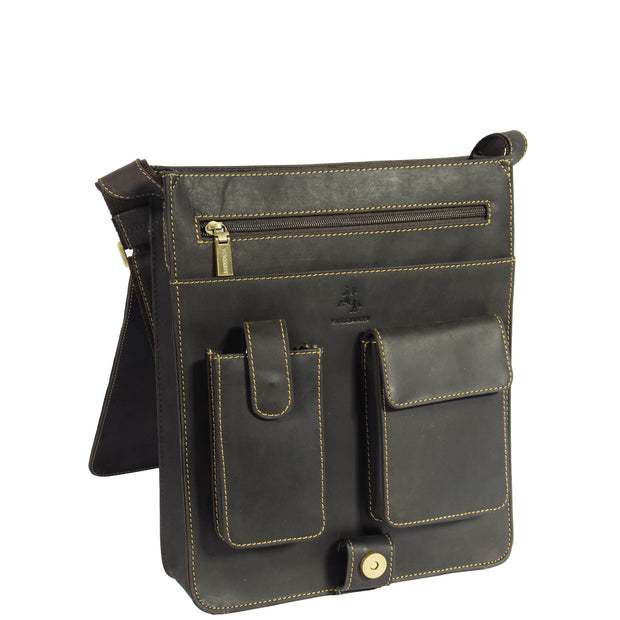 Gents Leather Messenger Shoulder Cross Body News Boy Bag A41 Brown Front Open