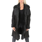 Womens Luxurious Toscana Long Coat Real Sheepskin Pamela Black Open