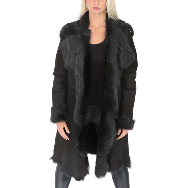 Womens Luxurious Toscana Long Coat Real Sheepskin Pamela Black Open