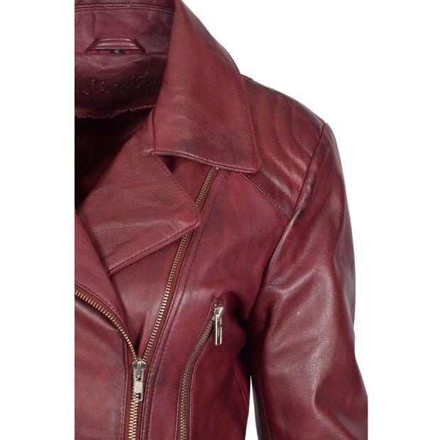 Womens Biker Leather Jacket Slim Fit Cut Hip Length Coat Coco Burgundy Feature 1