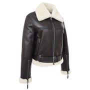 Womens Luxurious Brown Genuine Sheepskin Flying Jacket White Shearling Harriet Front 1