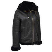 Womens Real Black Sheepskin Jacket Hooded Shearling B3 Pilot Coat Maria Front Angle 1
