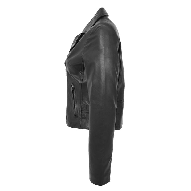 Womens Luxurious Black Leather Biker Jacket Italian Designer Coat Caily Side