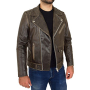 Mens Distressed Leather Biker Jacket Brown Vintage Rub Off Lex Open 2