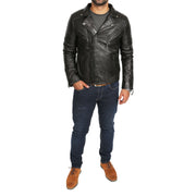 Mens Black Leather Biker Jacket X-Zip Fasten Trendy Designer Coat Max Full