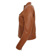 Womens Fitted Leather Biker Jacket Casual Zip Up Coat Jenny Tan Side