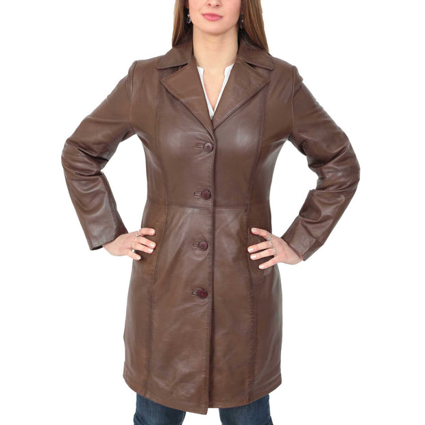 Womens 3/4 Button Fasten Leather Coat Cynthia Brown