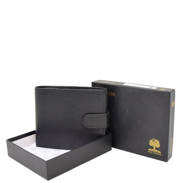 Mens Leather Bifold Wallet Cards Banknote Coins Case Snap Closure AV67 Black With Box