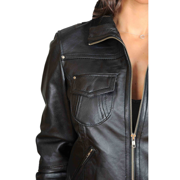 Womens Slim Fit Bomber Leather Jacket Cameron Black feature 1