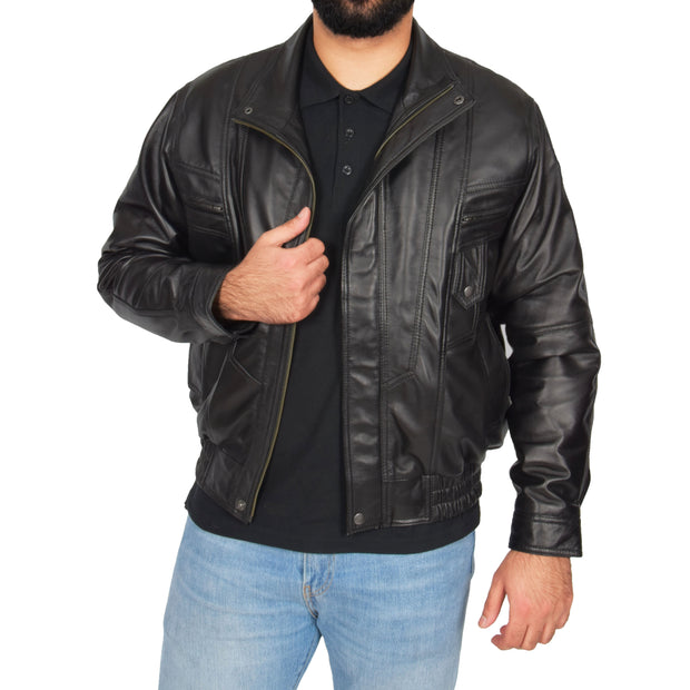 Mens Classic Bomber Soft Leather Jacket Alan Black main view