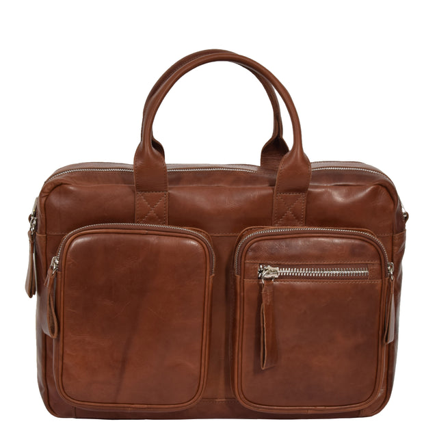 Pure Leather Briefcase Laptop Satchel Office Business Bag Otis Cognac Front