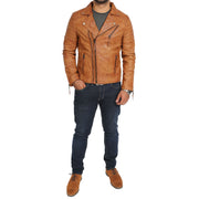 Mens Real Leather Biker Jacket Tan Zip Fasten Slim Fit Designer Coat Max Full