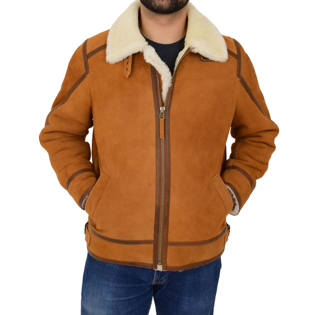 Mens Real Sheepskin Cognac Jacket Flying Top Gun Shearling Coat Karl Front