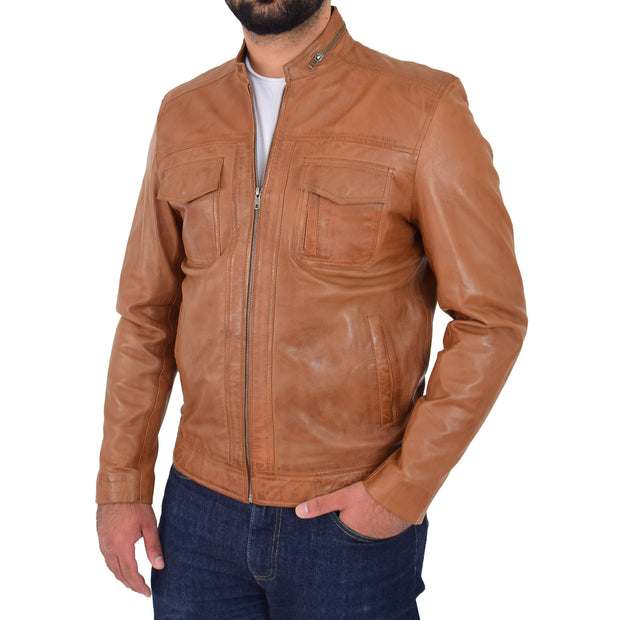 Mens Biker Leather Jacket Cognac Soft Nappa Fitted Standing Collar Tats Front 2