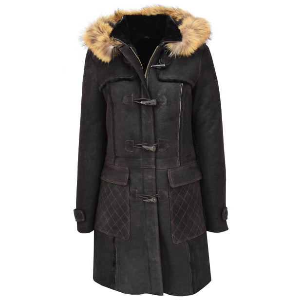 Womens Genuine Sheepskin Duffle Coat Hooded Shearling Jacket Evie Brown Front
