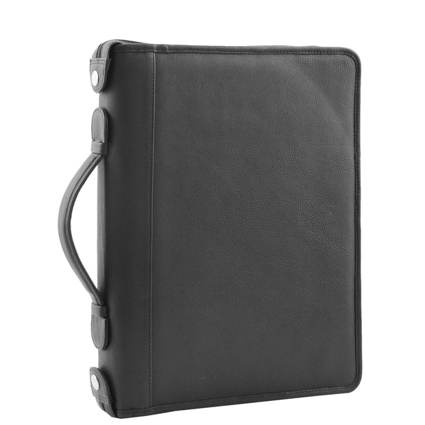 Black Leather A4 Ring Binder File Folio Office Bag Zip Organiser Braga Front 3