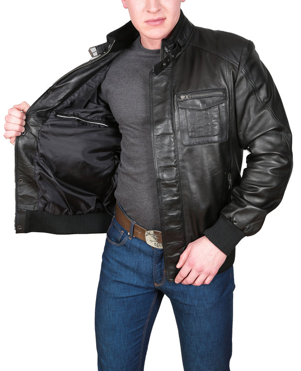 Mens Bomber Soft Leather Jacket Zip Fasten Ryan Black