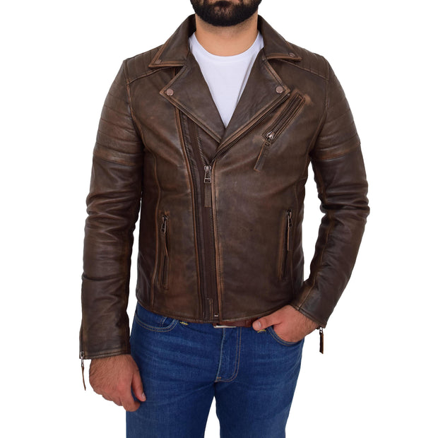 Mens Real Leather Biker Jacket Vintage Copper Rust Rub Off Slim Fit Style Max