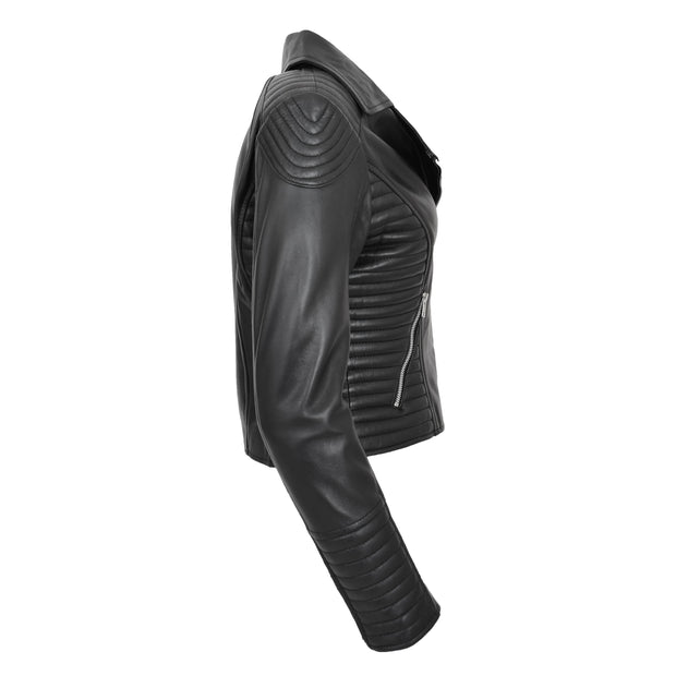Womens Designer Leather Biker Jacket Fitted Quilted Coat Bonita Black Side