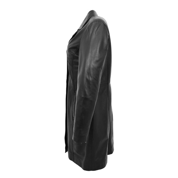 Ladies 3/4 Long Classic Fitted Soft Leather Knee Length Coat Laura Black Side