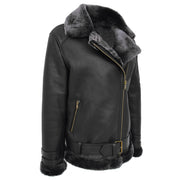 Womens Real Sheepskin Jacket Black X-Zip Aviator Belted Shearling Coat Willow Front Angle 2