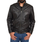 Mens Genuine Leather Biker Jacket Fitted Zip Up Coat Felix Black Front