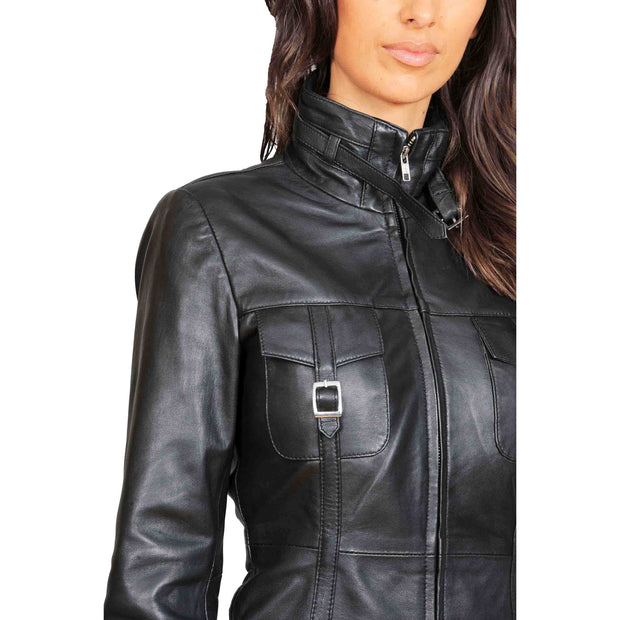 Womens 3/4 Long Zip Fasten Leather Jacket Carol Black feature 1