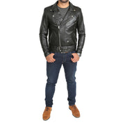 Mens Brando Biker Leather Jacket Elvis Black feat 1