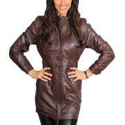 Womens Duffle Leather Coat Detachable Hood 3/4 Long Parka Jacket Mila Brown Front 3