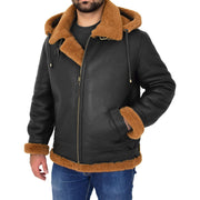 Mens Real Sheepskin Flying Jacket Hooded Brown Ginger Shearling Coat Hawker