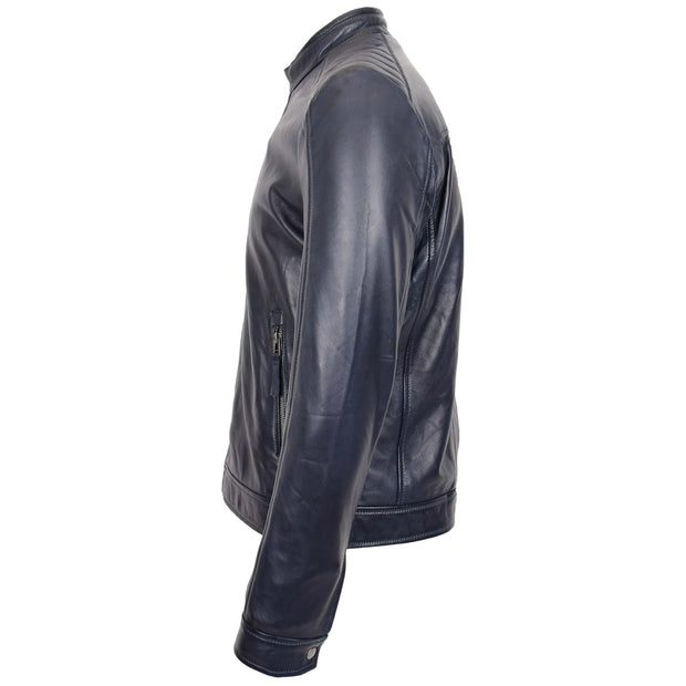 Mens Soft Real Leather Biker Style Jacket Band Collar Zip Fasten ASHER Navy 5