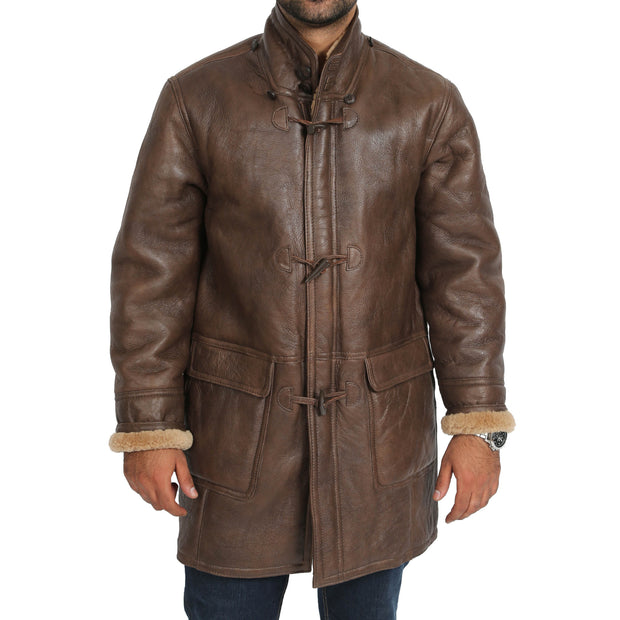 Mens Genuine Sheepskin Duffle Coat 3/4 Long Hooded Jacket Mitchel Brown Front 2