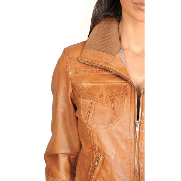 Womens Slim Fit Bomber Leather Jacket Cameron Tan Feature 1