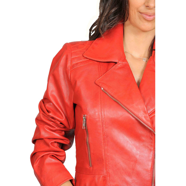 Womens Fitted Mid Length Biker Leather Jacket Hannah Red Feature 1