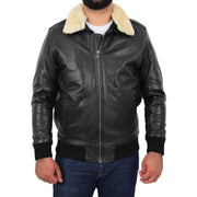 Mens Genuine Cowhide Pilot Leather Jacket Sheepskin Collar Bomber Dylan Black Front 2